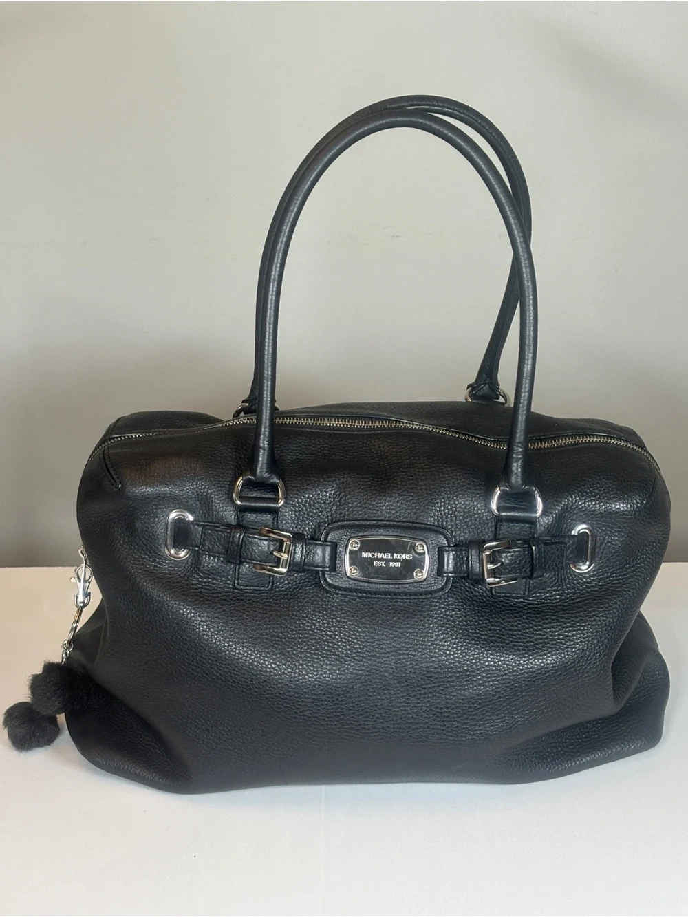 Michael Kors Black Hamiliton Weekender Leather Tote Satchel with Silver Hardware